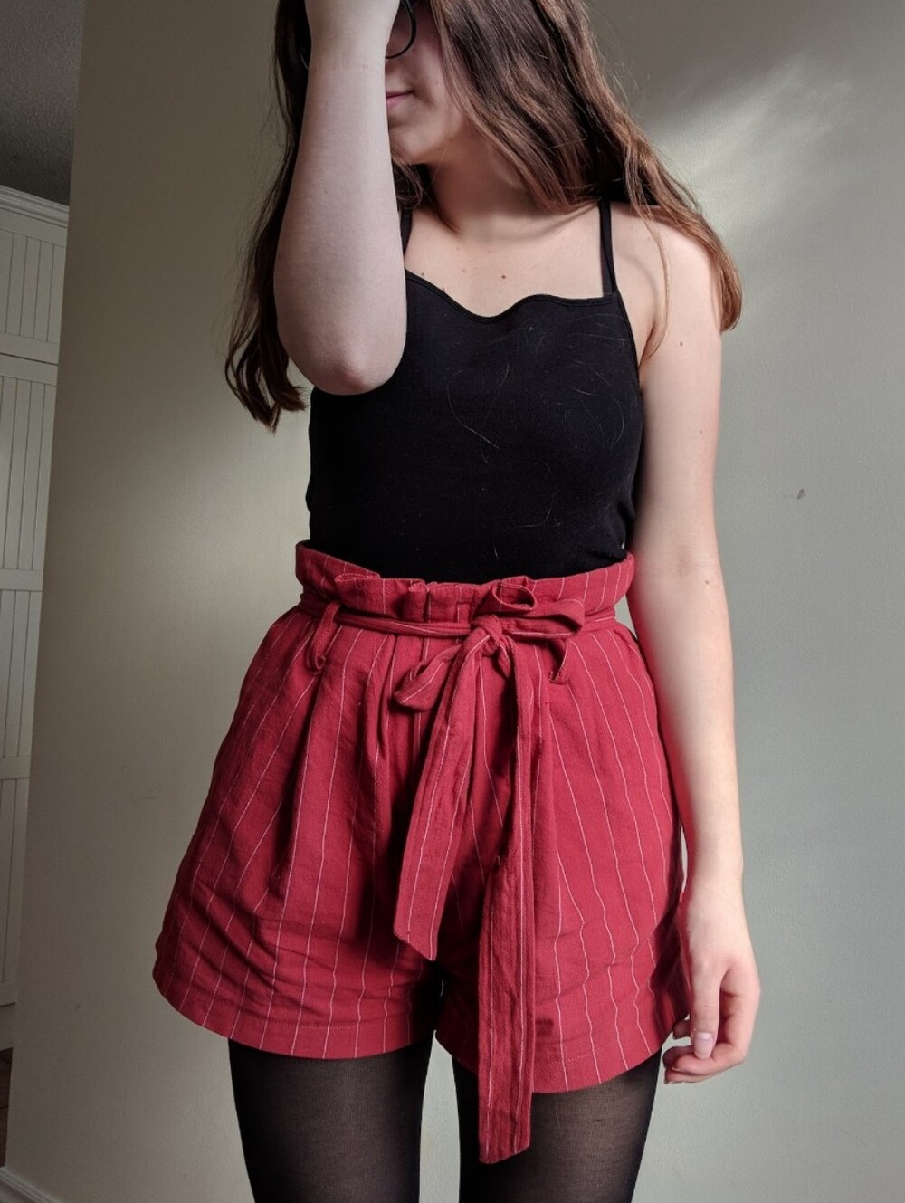 High Waist Tie Belt Women's Shorts in Burgundy Stripe